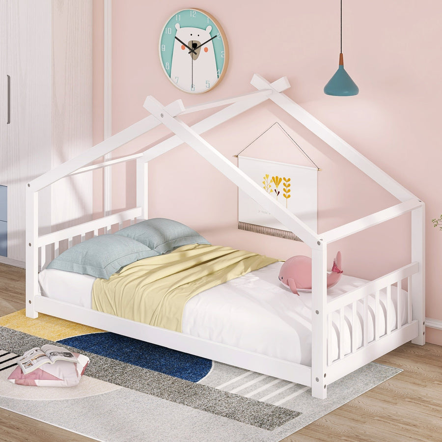 Twin Size Wood House Bed Frame - White Finish - Stylish, Space-Saving Design for Kids Bedroom Image 1