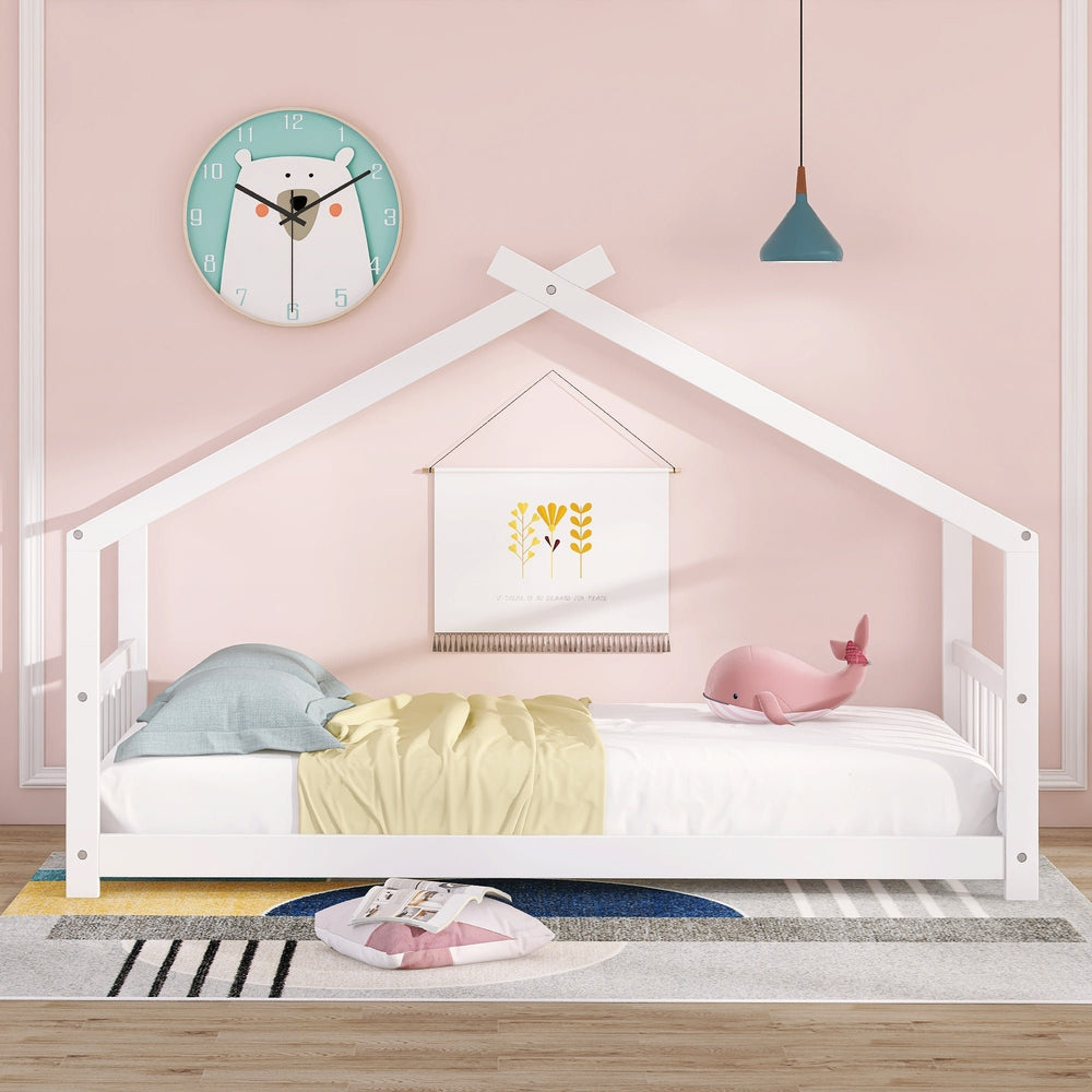 Twin Size Wood House Bed Frame - White Finish - Stylish, Space-Saving Design for Kids Bedroom Image 2