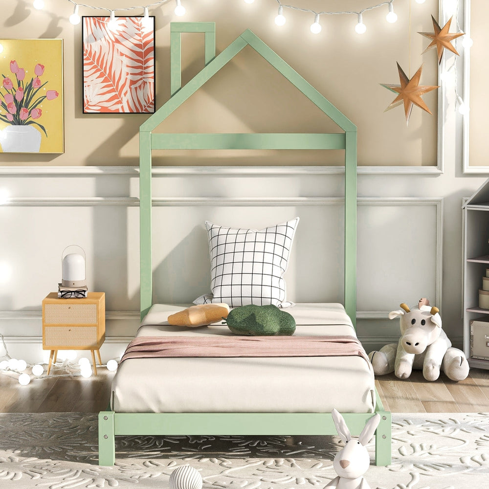 Twin Size Wood Platform Bed with House-shaped Headboard, Green Finish, Sturdy Frame, Ideal for Kids Rooms, Stylish and Image 2