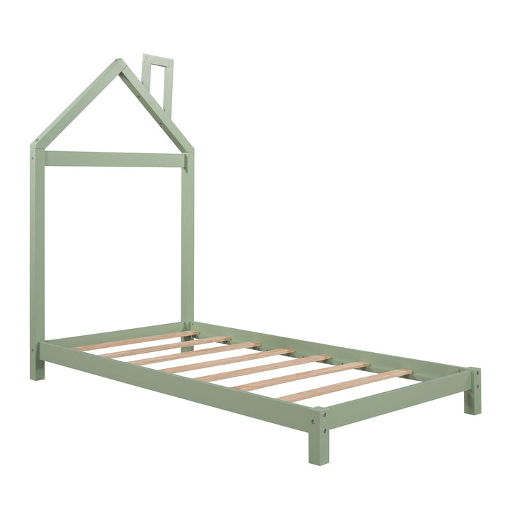 Twin Size Wood Platform Bed with House-shaped Headboard, Green Finish, Sturdy Frame, Ideal for Kids Rooms, Stylish and Image 3