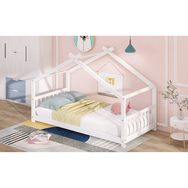 Twin Size Wood House Bed Frame - White Finish - Stylish, Space-Saving Design for Kids Bedroom Image 9