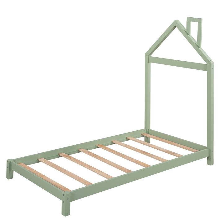 Twin Size Wood Platform Bed with House-shaped Headboard, Green Finish, Sturdy Frame, Ideal for Kids Rooms, Stylish and Image 5