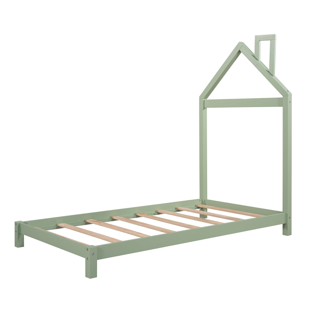 Twin Size Wood Platform Bed with House-shaped Headboard, Green Finish, Sturdy Frame, Ideal for Kids Rooms, Stylish and Image 6