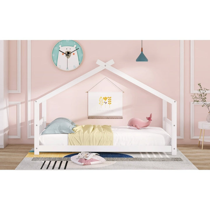 Twin Size Wood House Bed Frame - White Finish - Stylish, Space-Saving Design for Kids Bedroom Image 10