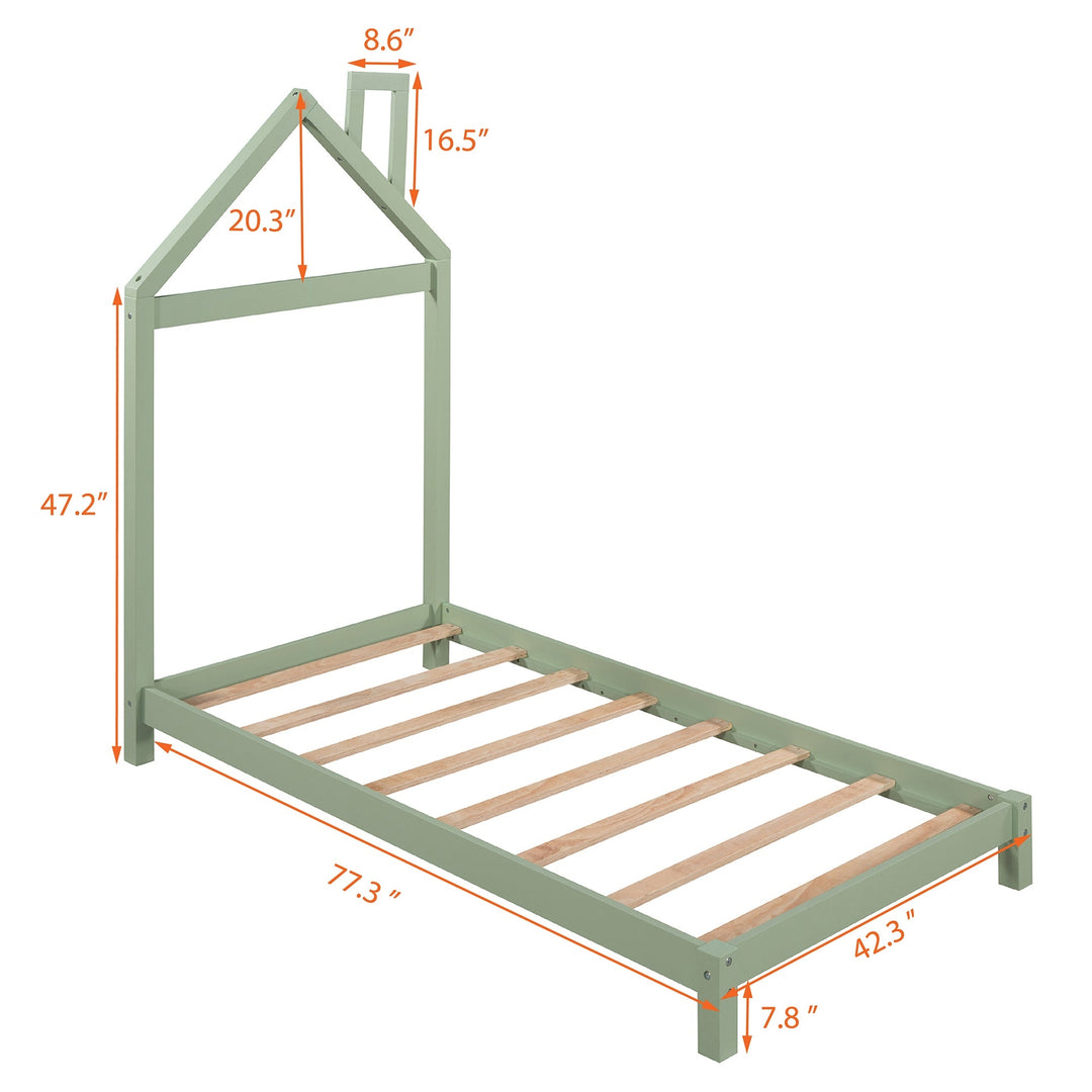 Twin Size Wood Platform Bed with House-shaped Headboard, Green Finish, Sturdy Frame, Ideal for Kids Rooms, Stylish and Image 8