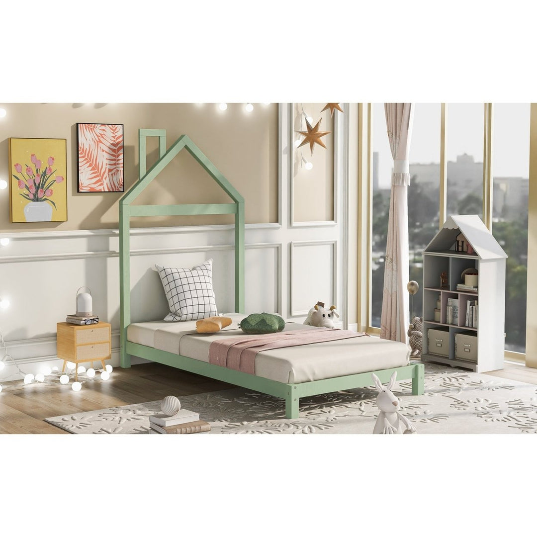 Twin Size Wood Platform Bed with House-shaped Headboard, Green Finish, Sturdy Frame, Ideal for Kids Rooms, Stylish and Image 11