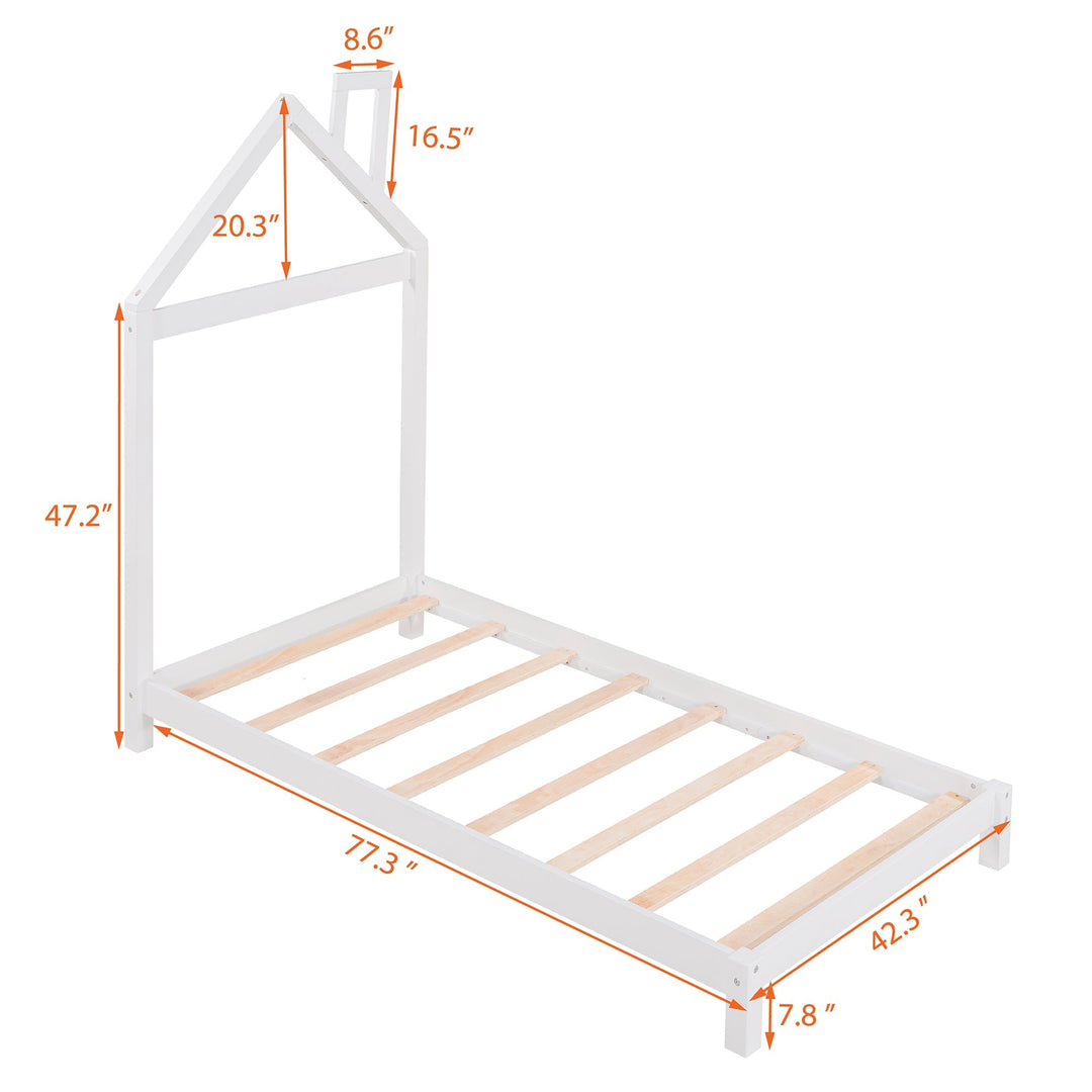 Twin Size Wood Platform Bed with House-Shaped Headboard, Stylish White Frame, Childrens Bedroom Furniture, Space-Saving Image 8