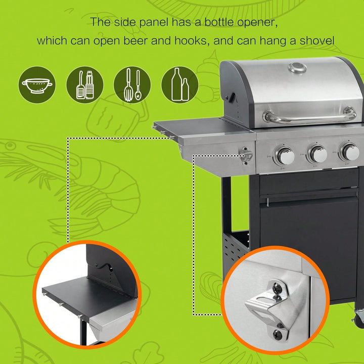 Versatile 3-Burner Propane Grill with Side Burner 37000 BTU Stainless Steel for Outdoor Cooking Black Silver Finish Image 3