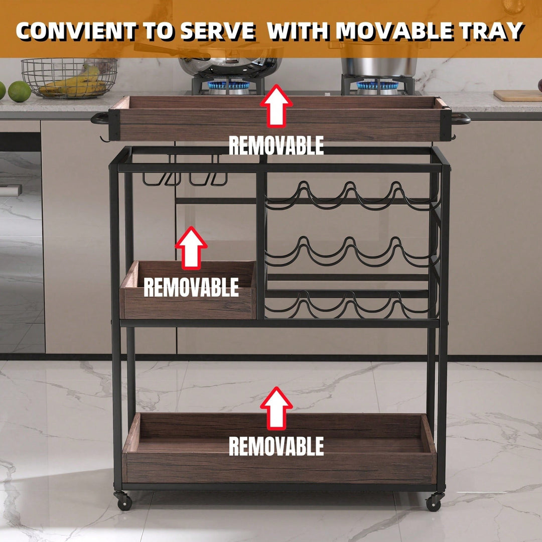 Versatile 3-Tier Rolling Serving Cart with Lockable Wheels Wine Rack Glass Holder Indoor Outdoor Use 2 Removable Trays Image 3