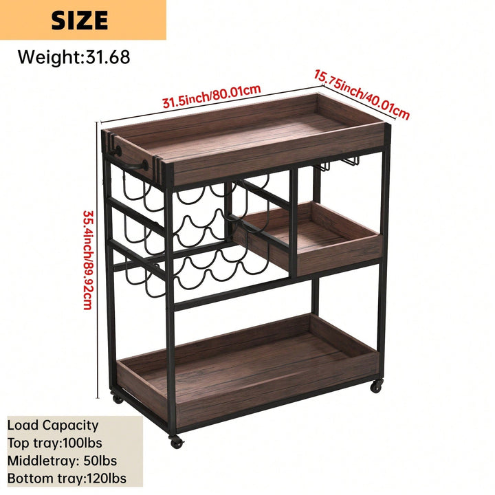 Versatile 3-Tier Rolling Serving Cart with Lockable Wheels Wine Rack Glass Holder Indoor Outdoor Use 2 Removable Trays Image 4