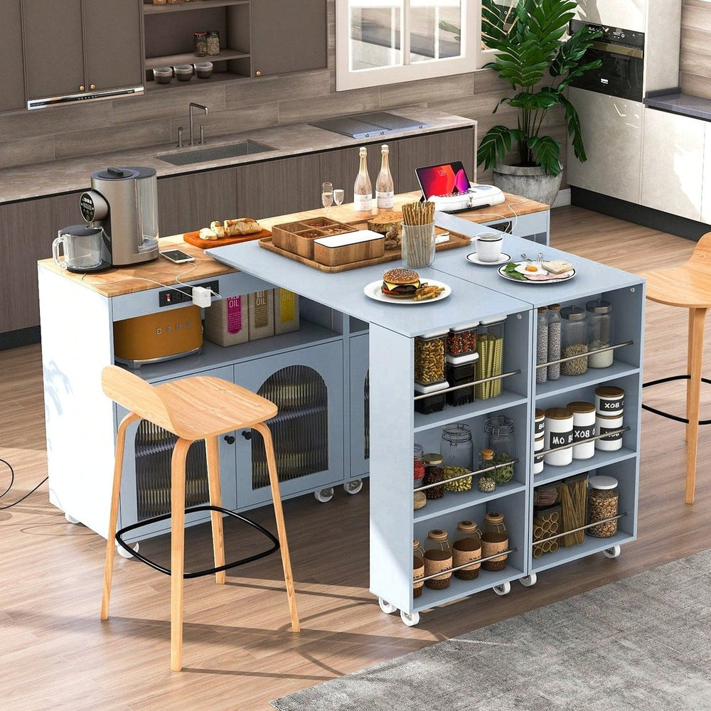 Versatile Grey Rolling Kitchen Island with Extended Table LED Lights Power Outlets Storage Compartment and Open Shelves Image 2