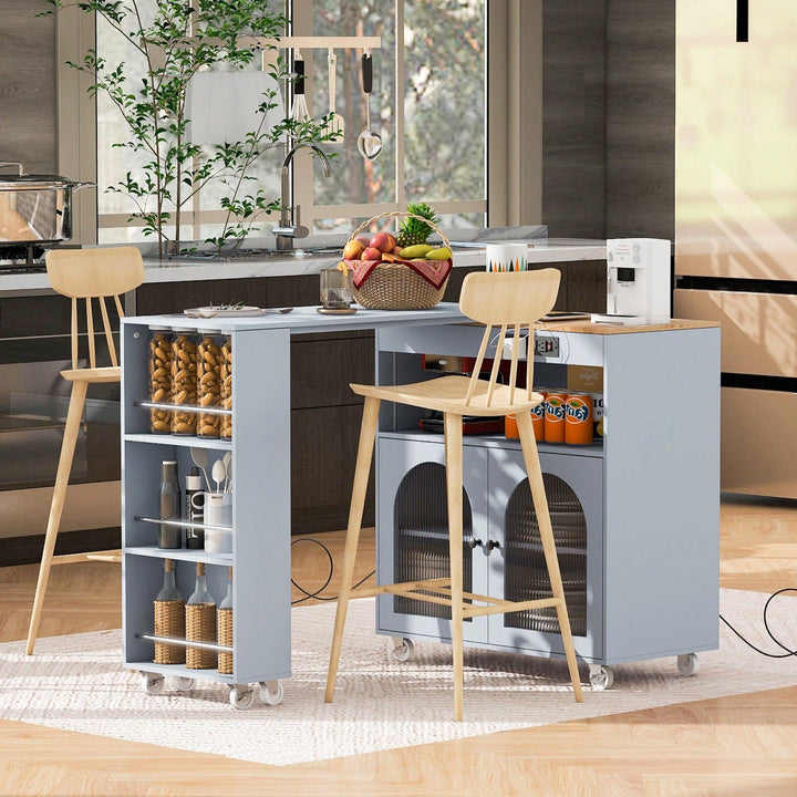 Versatile Grey Rolling Kitchen Island with Extended Table LED Lights Power Outlets Storage Compartment and Open Shelves Image 3