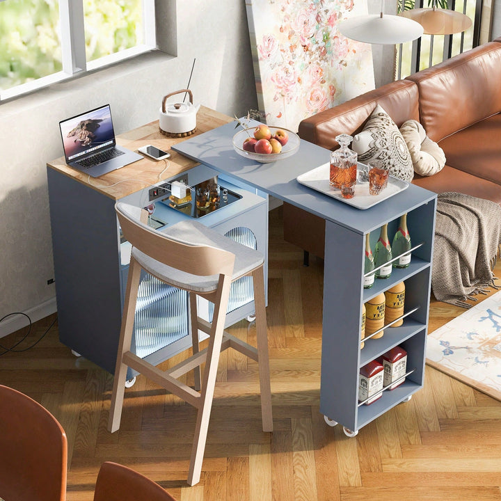 Versatile Grey Rolling Kitchen Island with Extended Table LED Lights Power Outlets Storage Compartment and Open Shelves Image 4