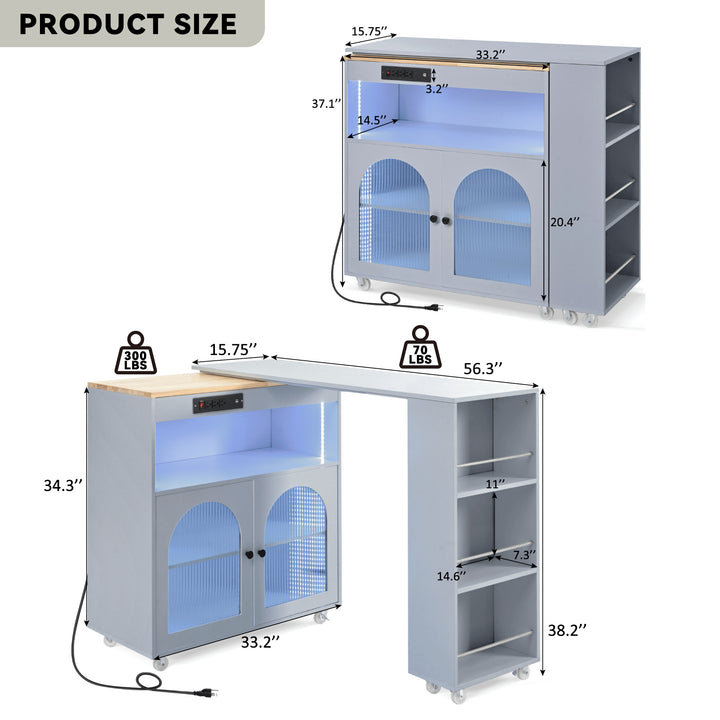 Versatile Grey Rolling Kitchen Island with Extended Table LED Lights Power Outlets Storage Compartment and Open Shelves Image 5