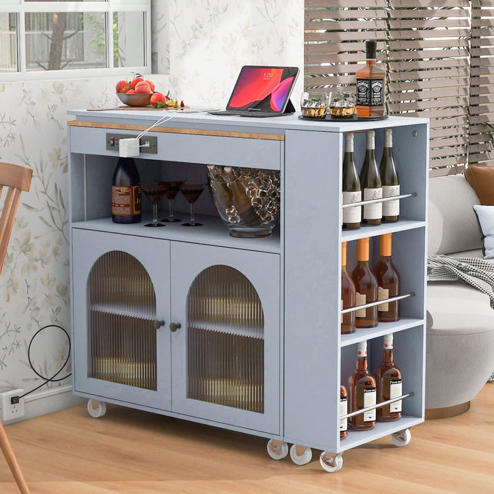 Versatile Grey Rolling Kitchen Island with Extended Table LED Lights Power Outlets Storage Compartment and Open Shelves Image 6