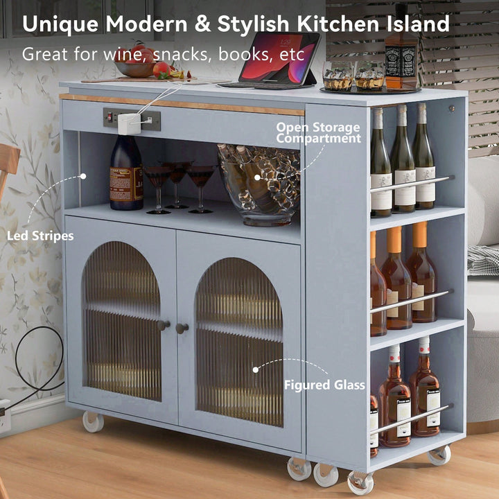 Versatile Grey Rolling Kitchen Island with Extended Table LED Lights Power Outlets Storage Compartment and Open Shelves Image 7