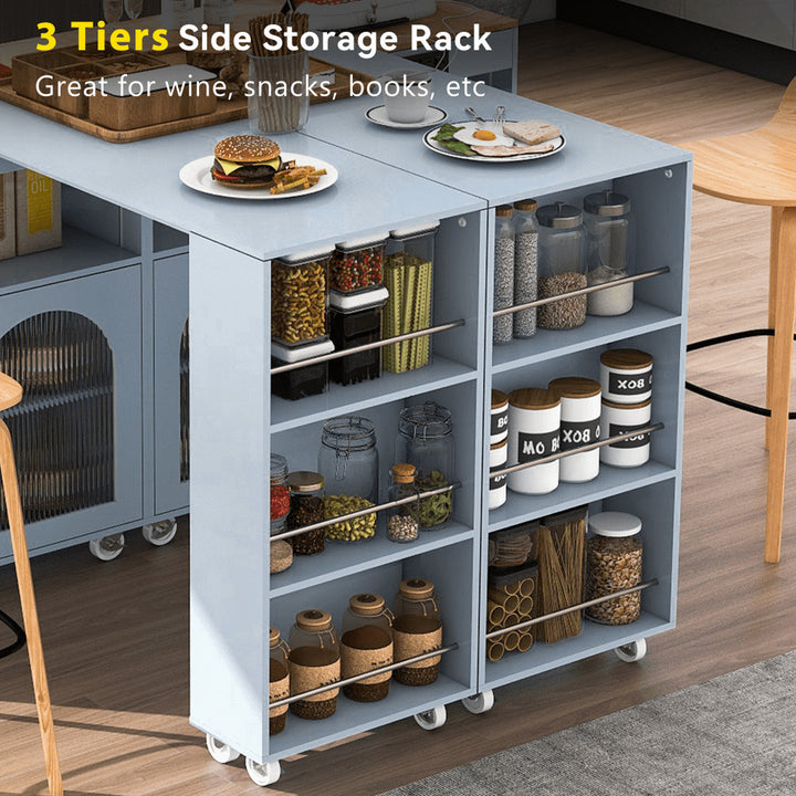 Versatile Grey Rolling Kitchen Island with Extended Table LED Lights Power Outlets Storage Compartment and Open Shelves Image 8