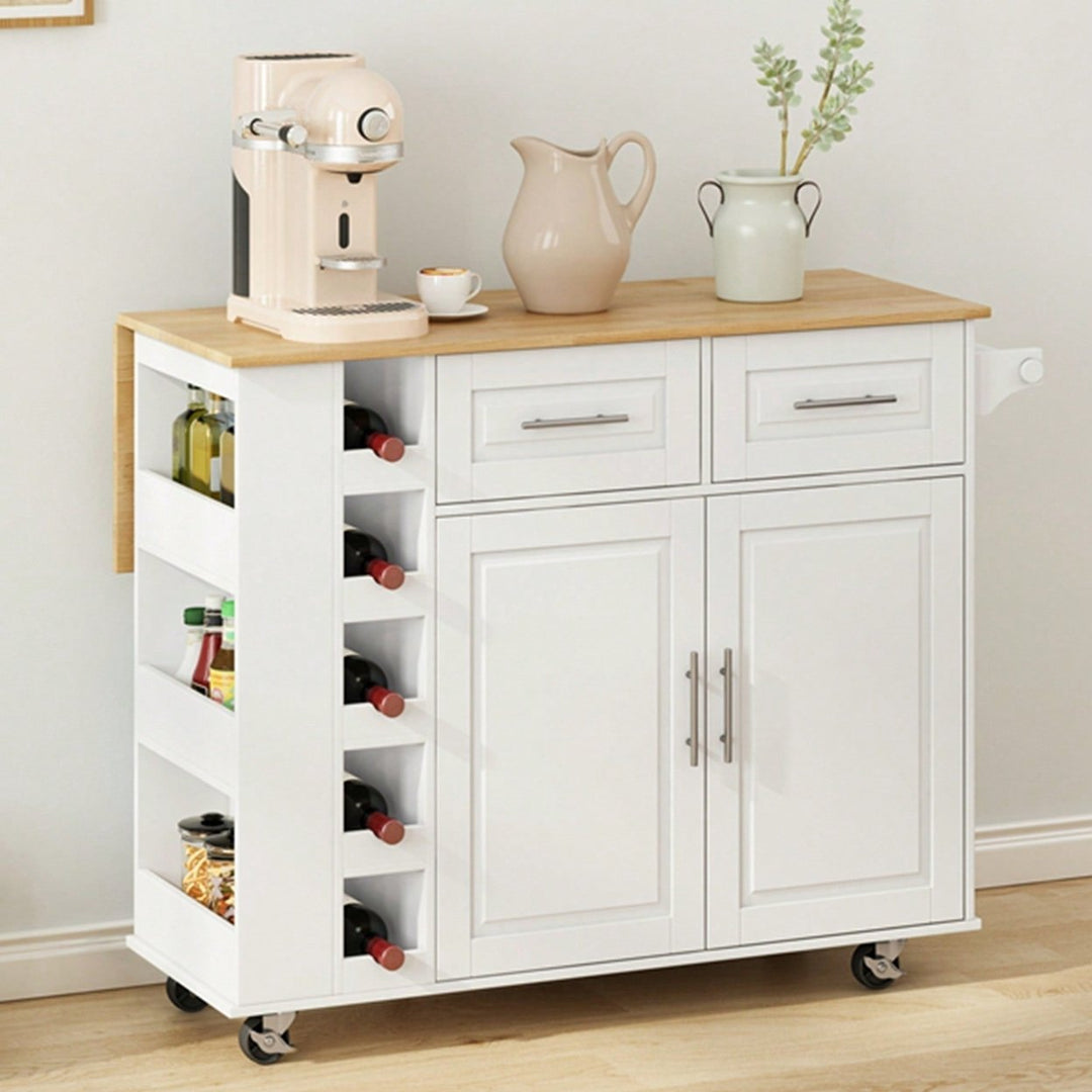 Versatile Kitchen Island Cart with Storage Cabinet Drawers Spice Rack Towel Holder Wine Rack Expandable Rubberwood Top Image 2