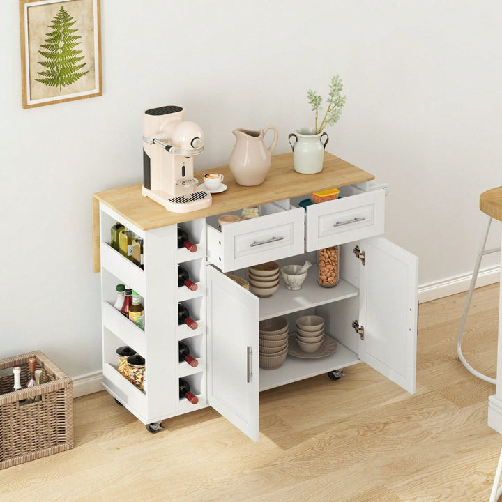 Versatile Kitchen Island Cart with Storage Cabinet Drawers Spice Rack Towel Holder Wine Rack Expandable Rubberwood Top Image 4