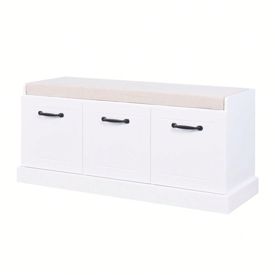 Wooden Entryway Shoe Cabinet Living Room Storage Bench With White Cushion Image 1