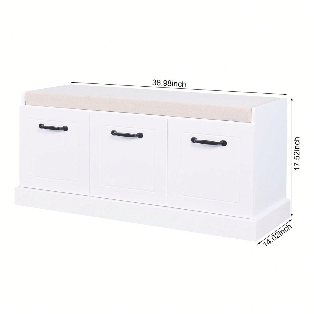 Wooden Entryway Shoe Cabinet Living Room Storage Bench With White Cushion Image 3