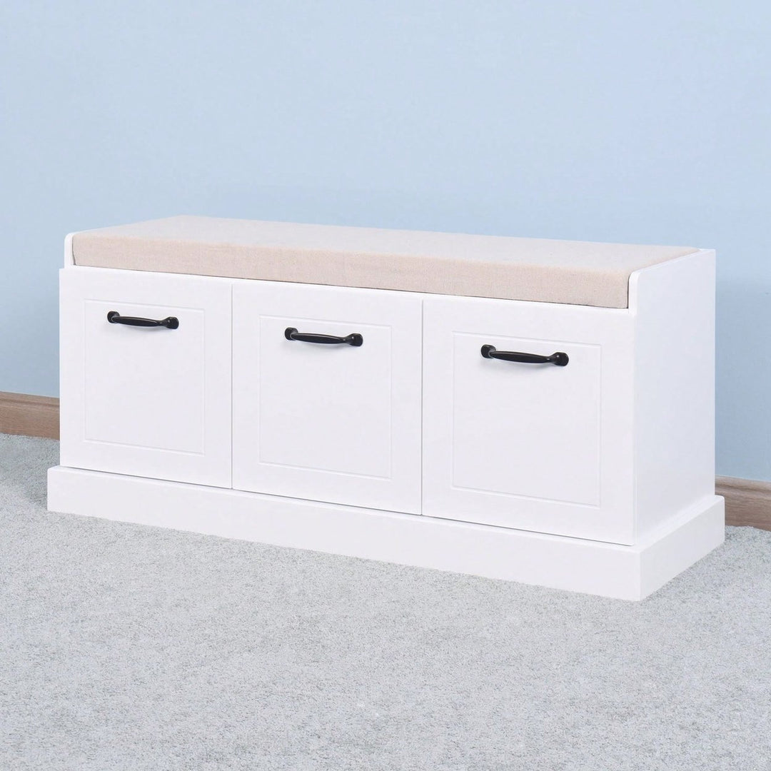 Wooden Entryway Shoe Cabinet Living Room Storage Bench With White Cushion Image 4