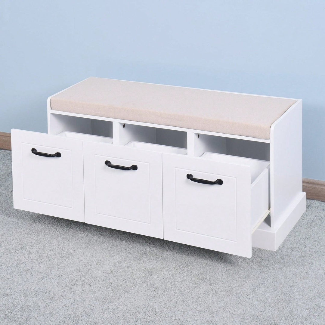 Wooden Entryway Shoe Cabinet Living Room Storage Bench With White Cushion Image 11