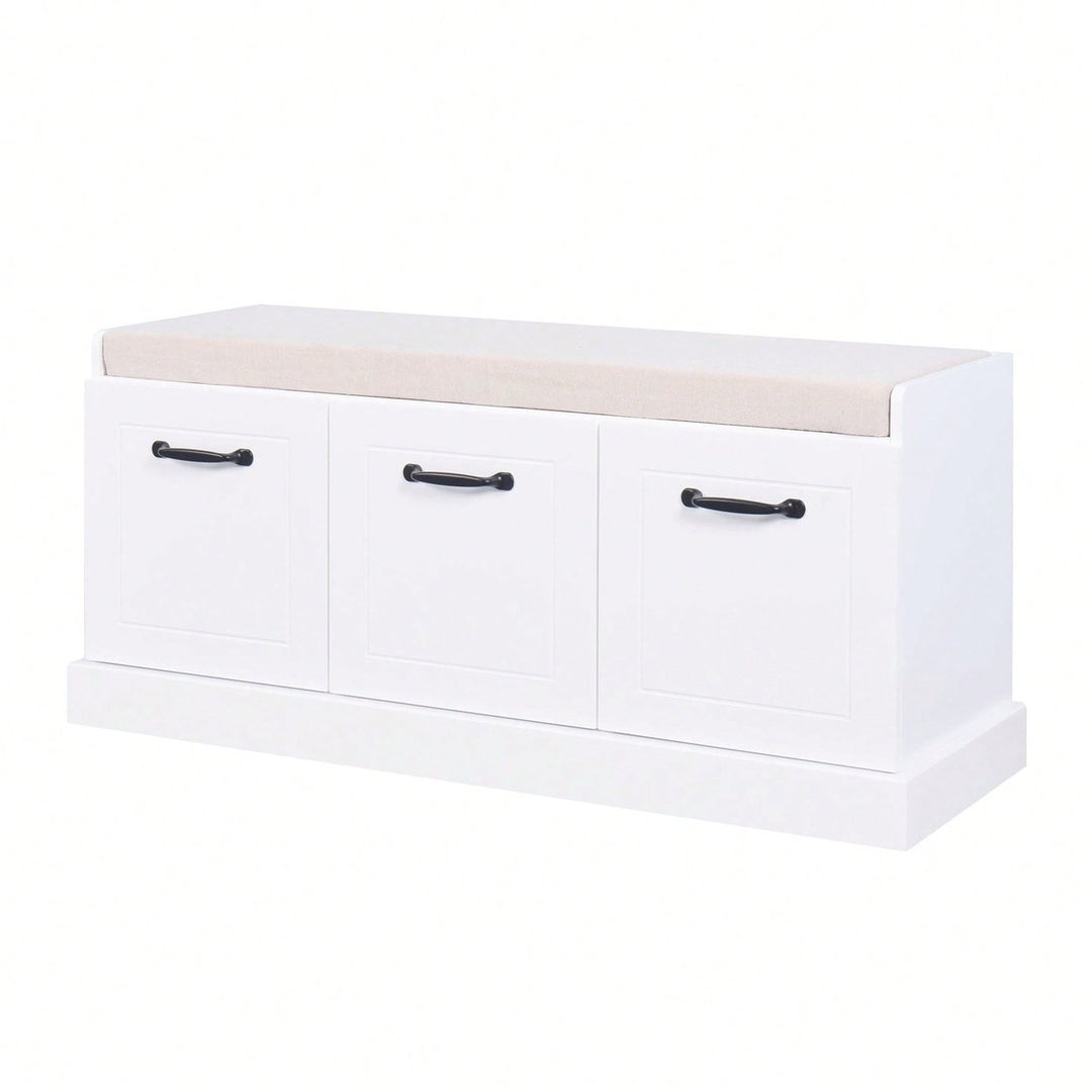 Wooden Entryway Shoe Cabinet Living Room Storage Bench With White Cushion Image 12