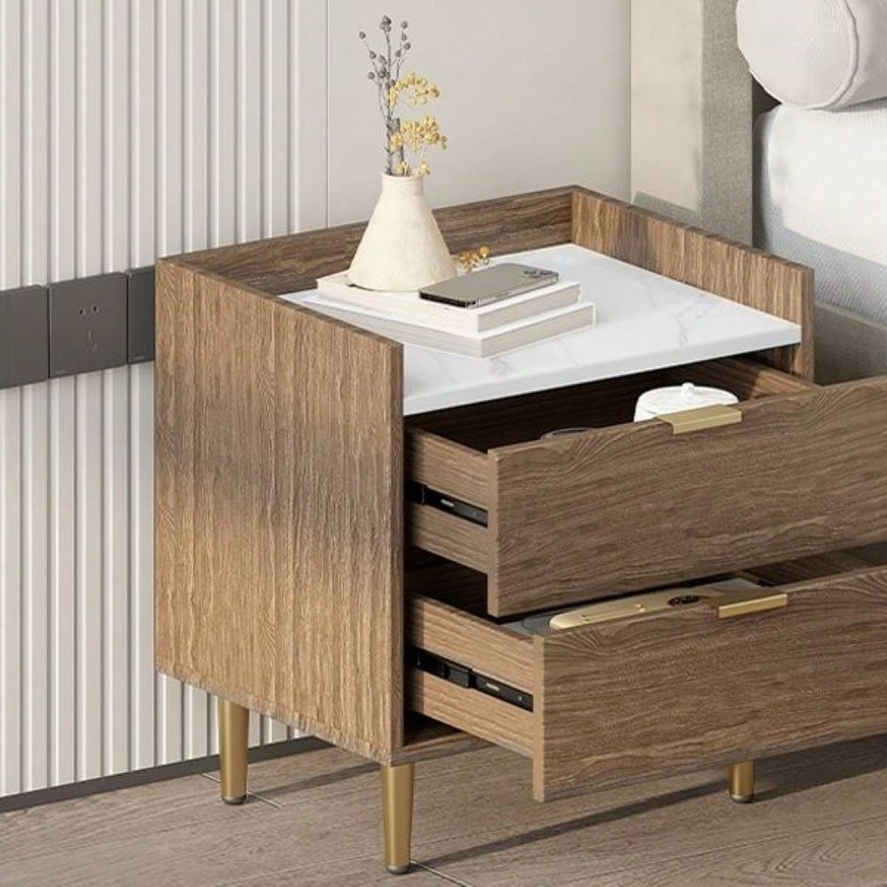 Wooden Nightstand With 2 Drawers And Marbling Worktop Image 6