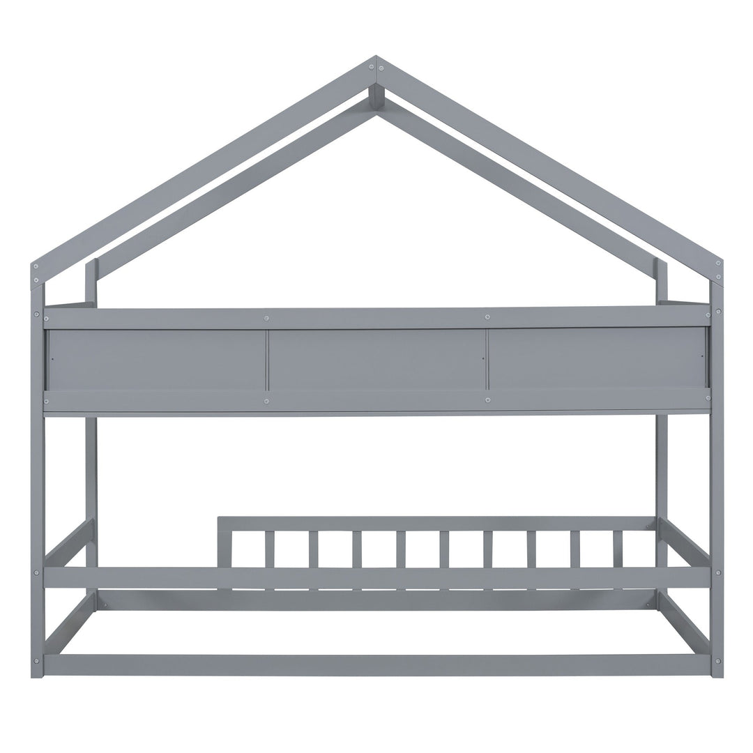 Wooden Twin Size House Bed with Storage Shelf,Kids Bed with Fence and Roof, Gray Image 5