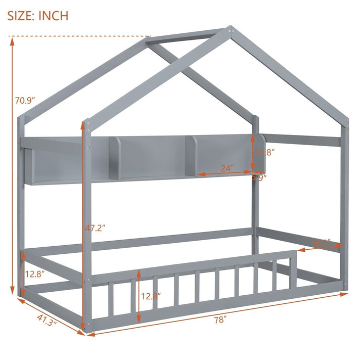 Wooden Twin Size House Bed with Storage Shelf,Kids Bed with Fence and Roof, Gray Image 8