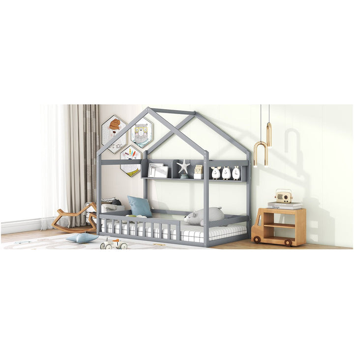 Wooden Twin Size House Bed with Storage Shelf,Kids Bed with Fence and Roof, Gray Image 12