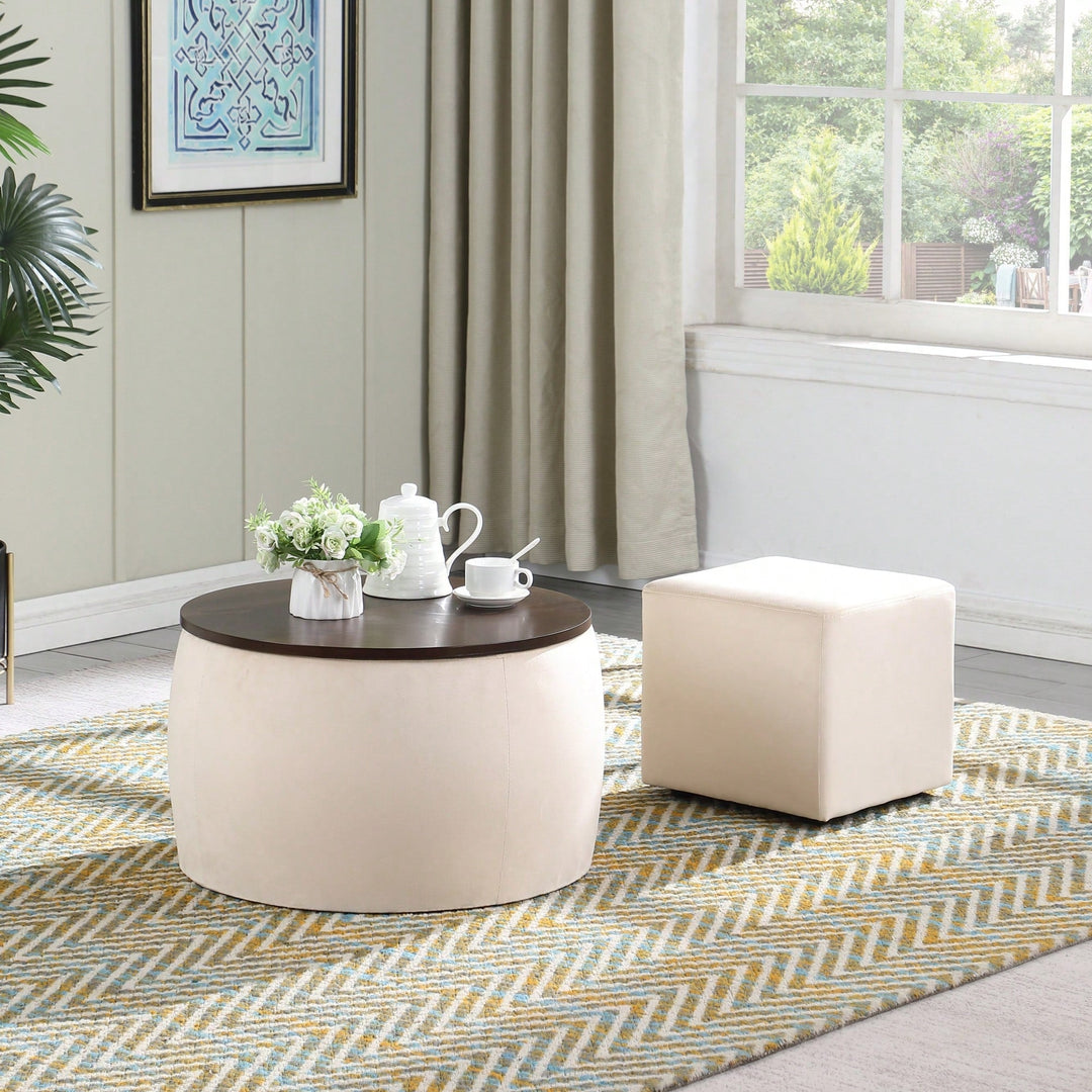 Versatile Round Ottoman Set With Storage And Dual Function Coffee Table Footrest For Living Room Bedroom Office Image 5