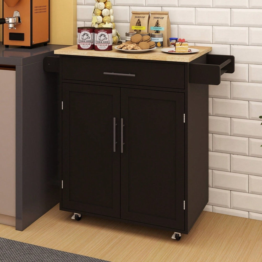 Versatile Rolling Kitchen Island Trolley Cart With Drawer, Doors, Adjustable Shelves, Towel and Seasoning Racks - Black Image 2