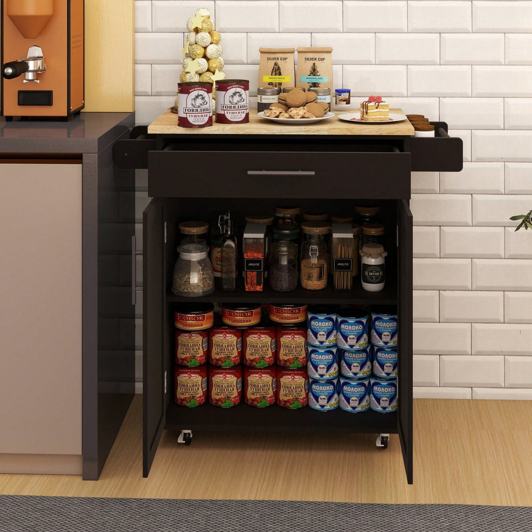 Versatile Rolling Kitchen Island Trolley Cart With Drawer, Doors, Adjustable Shelves, Towel and Seasoning Racks - Black Image 6