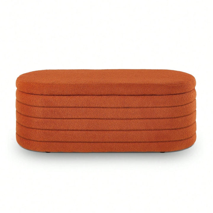 Vibrant Orange Boucle Teddy Fabric Oval Storage Ottoman Bench for Living Room Bedroom Entryway with Safety Hinge Image 1