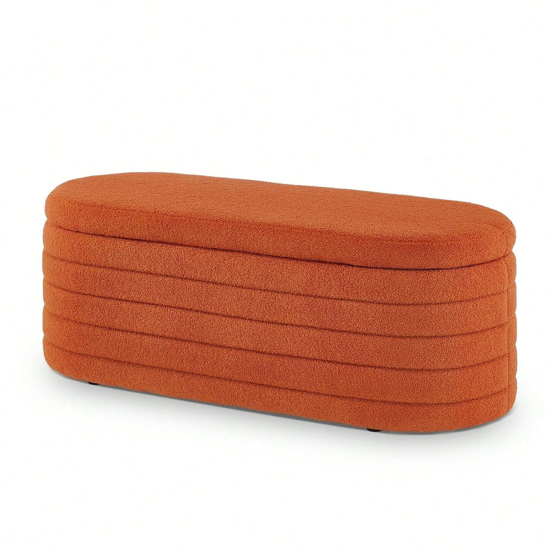 Vibrant Orange Boucle Teddy Fabric Oval Storage Ottoman Bench for Living Room Bedroom Entryway with Safety Hinge Image 2