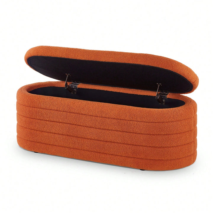 Vibrant Orange Boucle Teddy Fabric Oval Storage Ottoman Bench for Living Room Bedroom Entryway with Safety Hinge Image 3