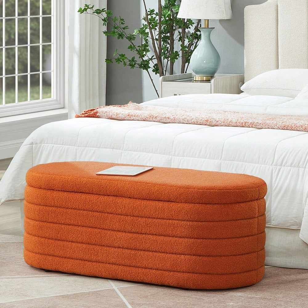 Vibrant Orange Boucle Teddy Fabric Oval Storage Ottoman Bench for Living Room Bedroom Entryway with Safety Hinge Image 4