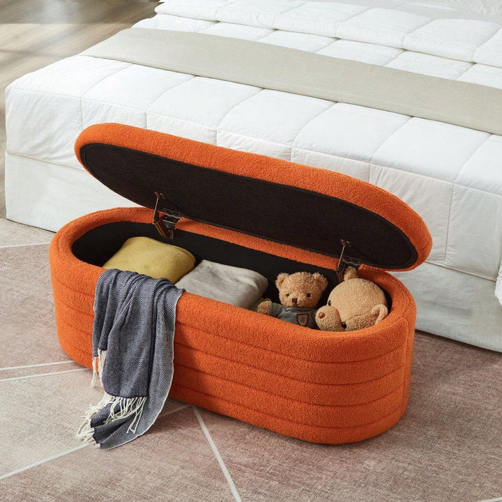 Vibrant Orange Boucle Teddy Fabric Oval Storage Ottoman Bench for Living Room Bedroom Entryway with Safety Hinge Image 5