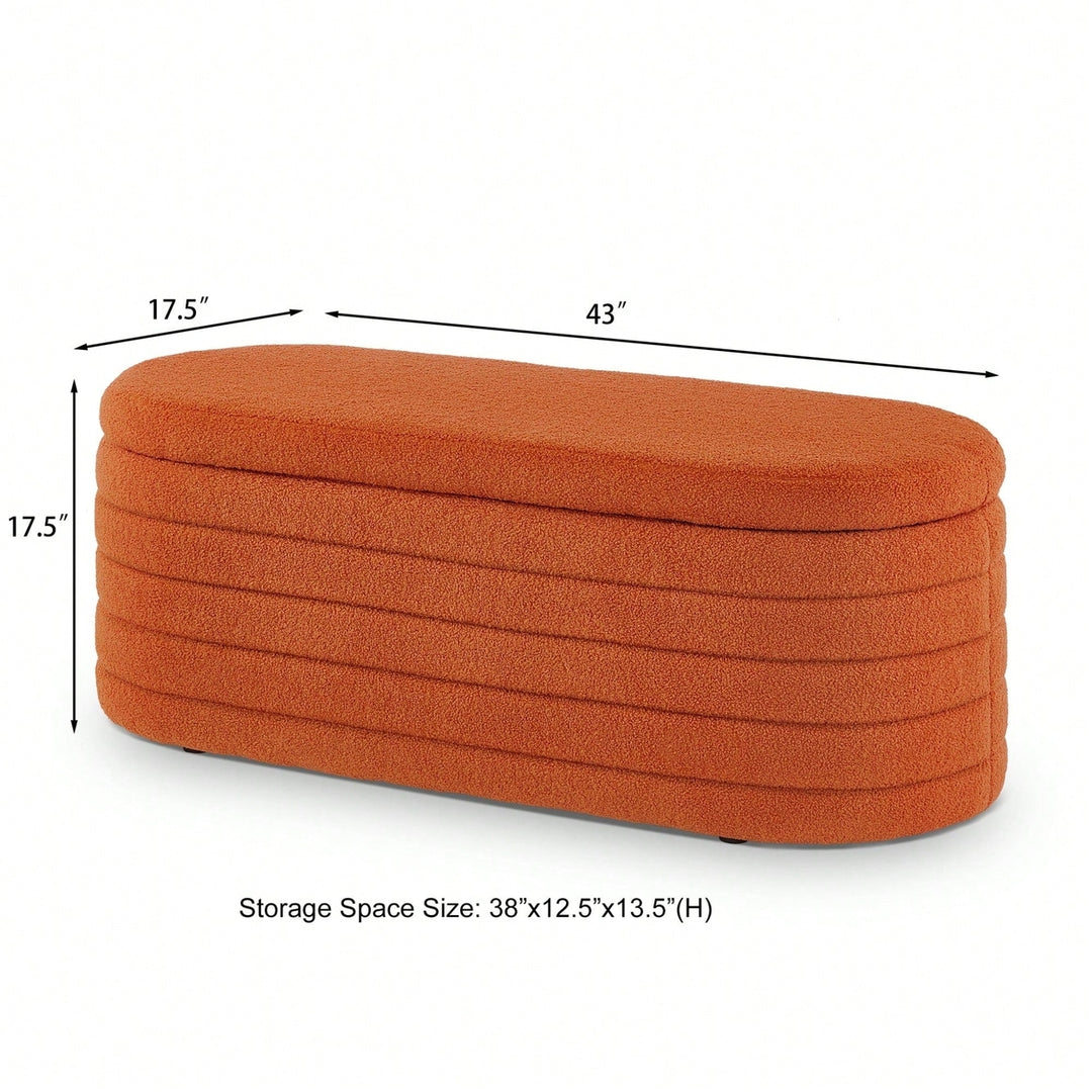 Vibrant Orange Boucle Teddy Fabric Oval Storage Ottoman Bench for Living Room Bedroom Entryway with Safety Hinge Image 6