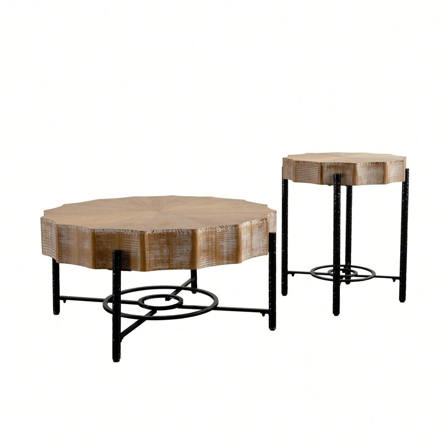 Vintage Lace Shaped Coffee Table Set Of 2 With Natural Pine Grain Top And Dimpled Metal Legs For Living Room Image 1