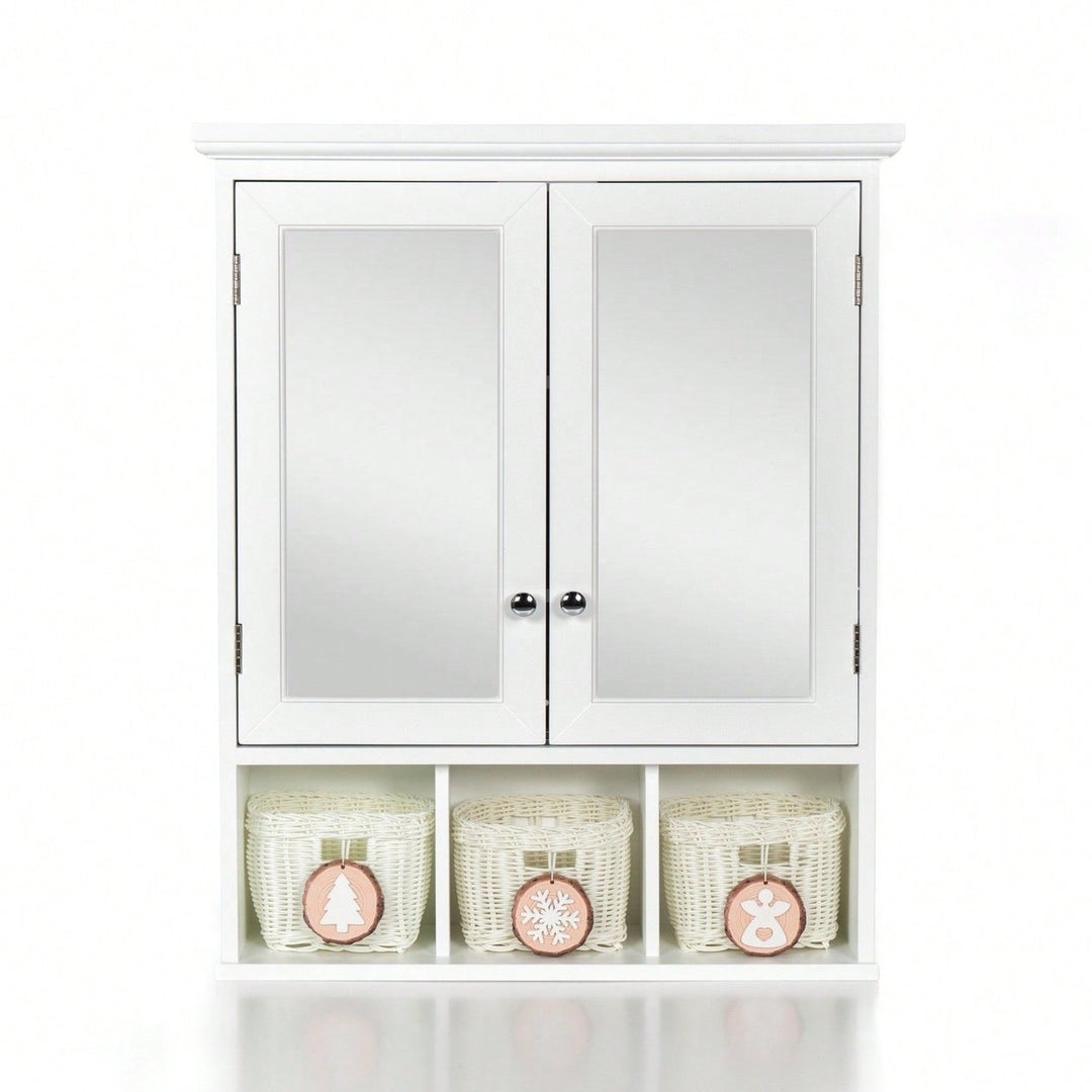 Wall Mounted Double Door Bathroom Cabinet with Mirror and Adjustable Shelves for Storage Baskets in White Image 1