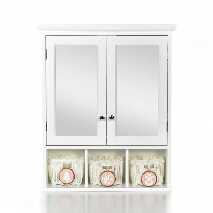 Wall Mounted Double Door Bathroom Cabinet with Mirror and Adjustable Shelves for Storage Baskets in White Image 1