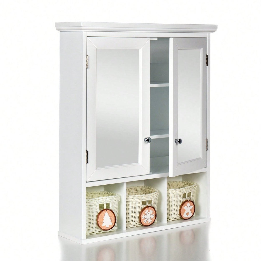 Wall Mounted Double Door Bathroom Cabinet with Mirror and Adjustable Shelves for Storage Baskets in White Image 2