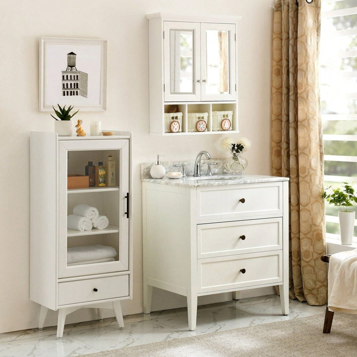 Wall Mounted Double Door Bathroom Cabinet with Mirror and Adjustable Shelves for Storage Baskets in White Image 6