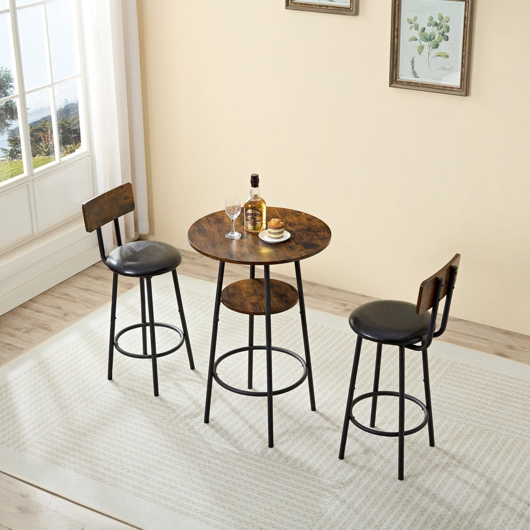 Three-Piece Round Dining Table Set with Storage Small Bar Table and Two Upholstered Chairs for Restaurants Cafes Bars Image 1