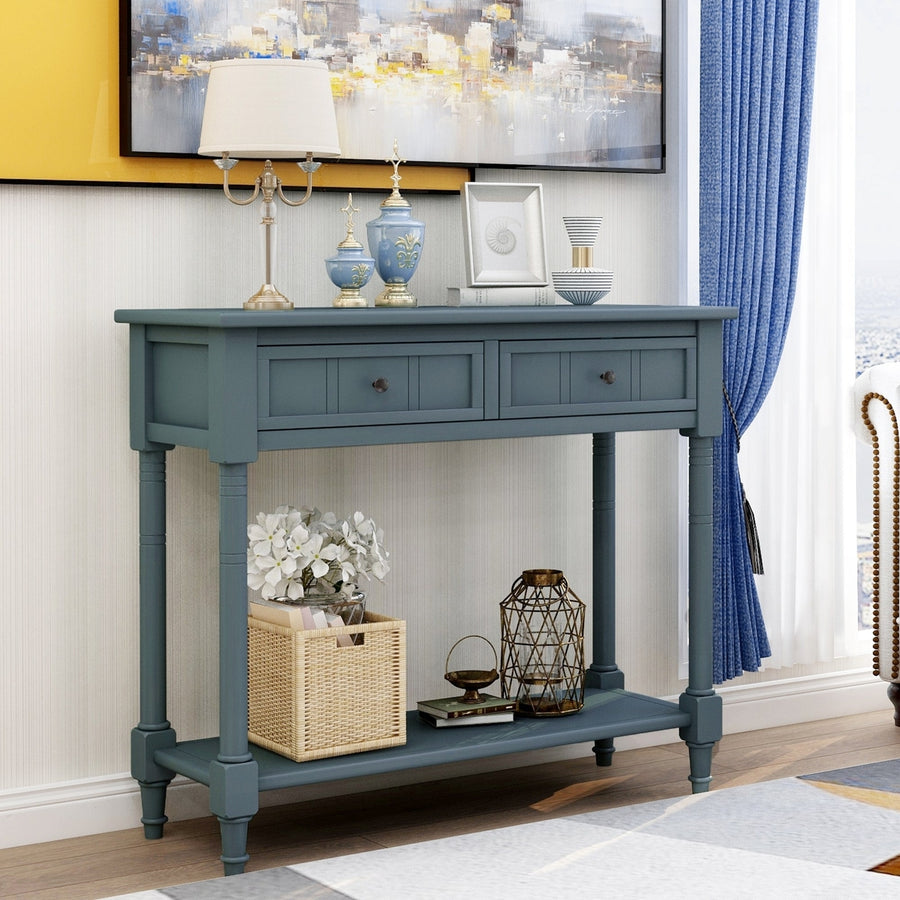 Traditional Console Table with Two Drawers and Bottom Shelf in Navy Finish Image 1