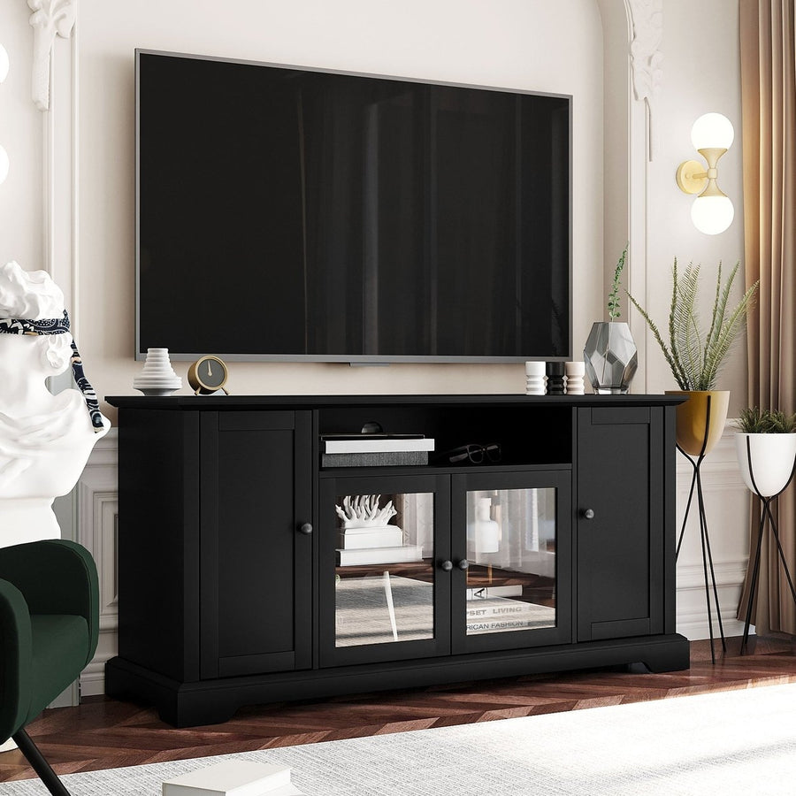 TV Stand for 65 Inch TV with Adjustable Panels and 2 Tempered Glass Doors Open Style Cabinet Sideboard for Living Room Image 1