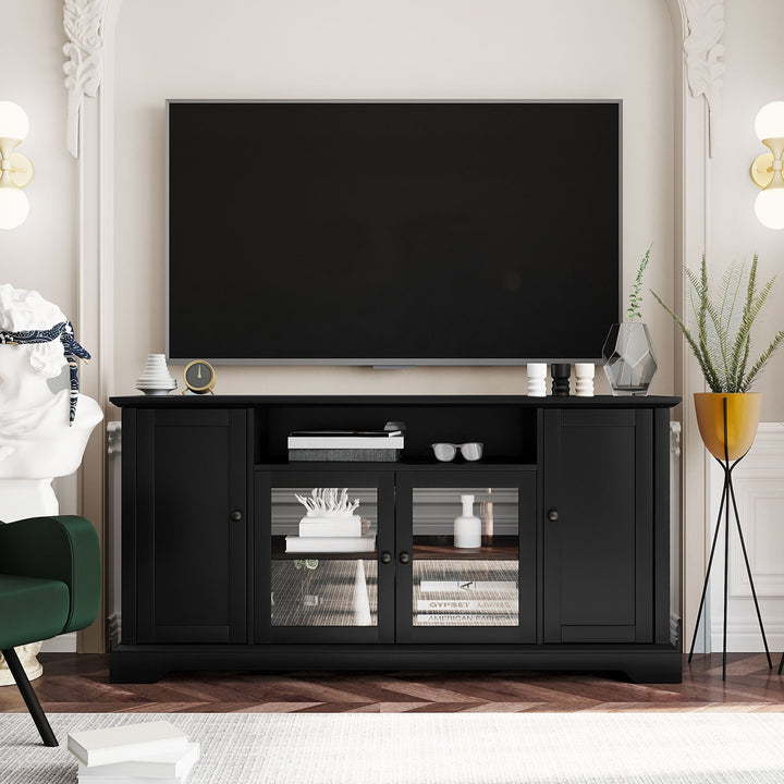 TV Stand for 65 Inch TV with Adjustable Panels and 2 Tempered Glass Doors Open Style Cabinet Sideboard for Living Room Image 2